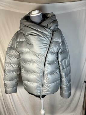 Nike S Down Puffer Jacket Winter Coat Silver asymmetrical Shiny Cowl Hood Women